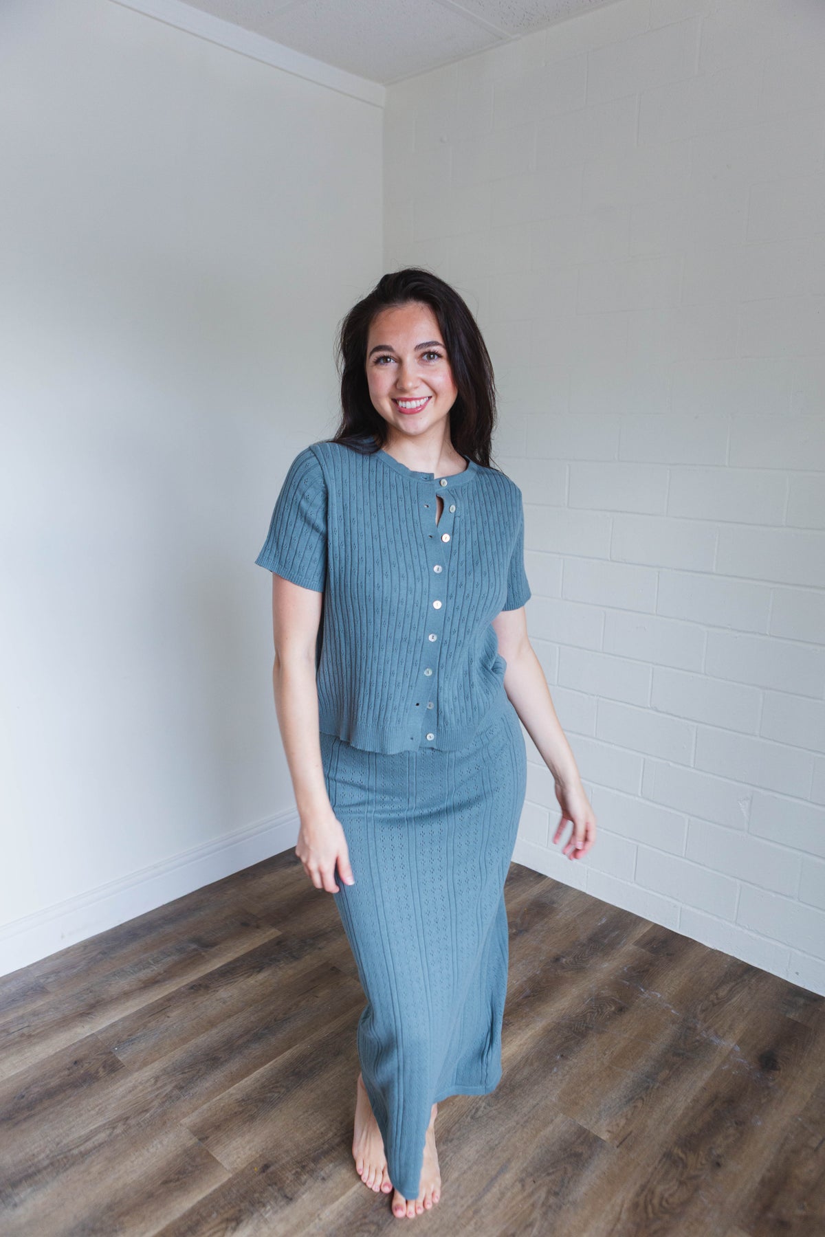 Teal Ribbed Button Top Midi Skirt Set