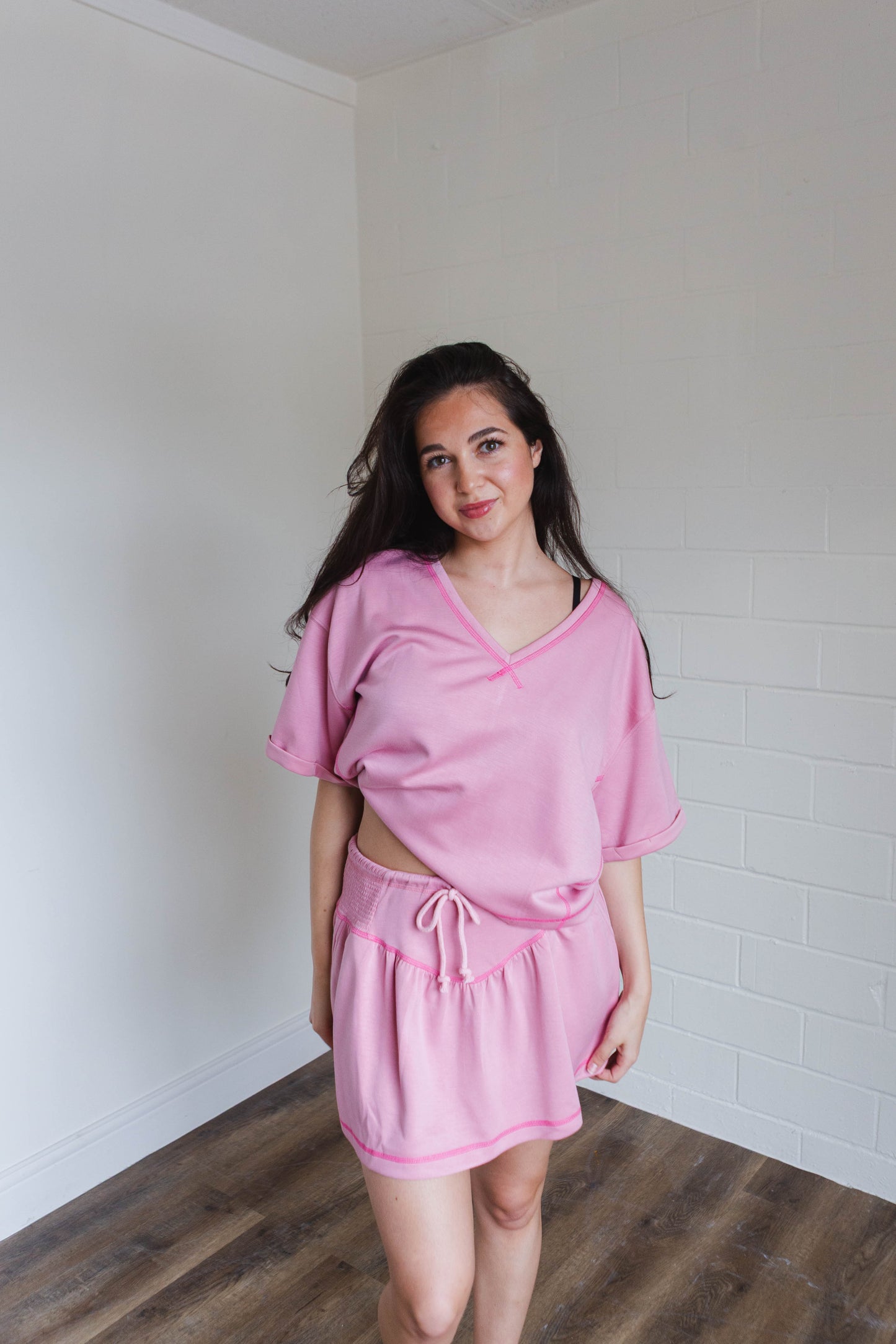 Soft Knit V-Neck Short Sleeve Set in Light Pink