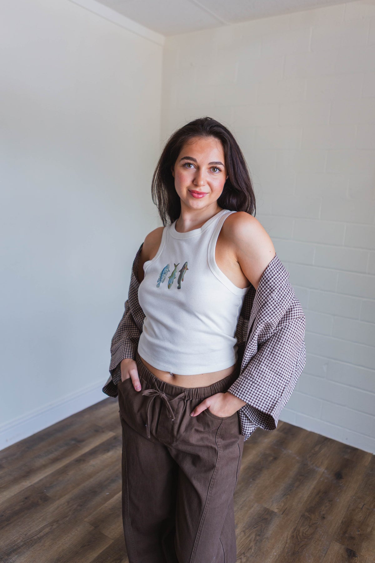 Brown Gingham Button Up Top