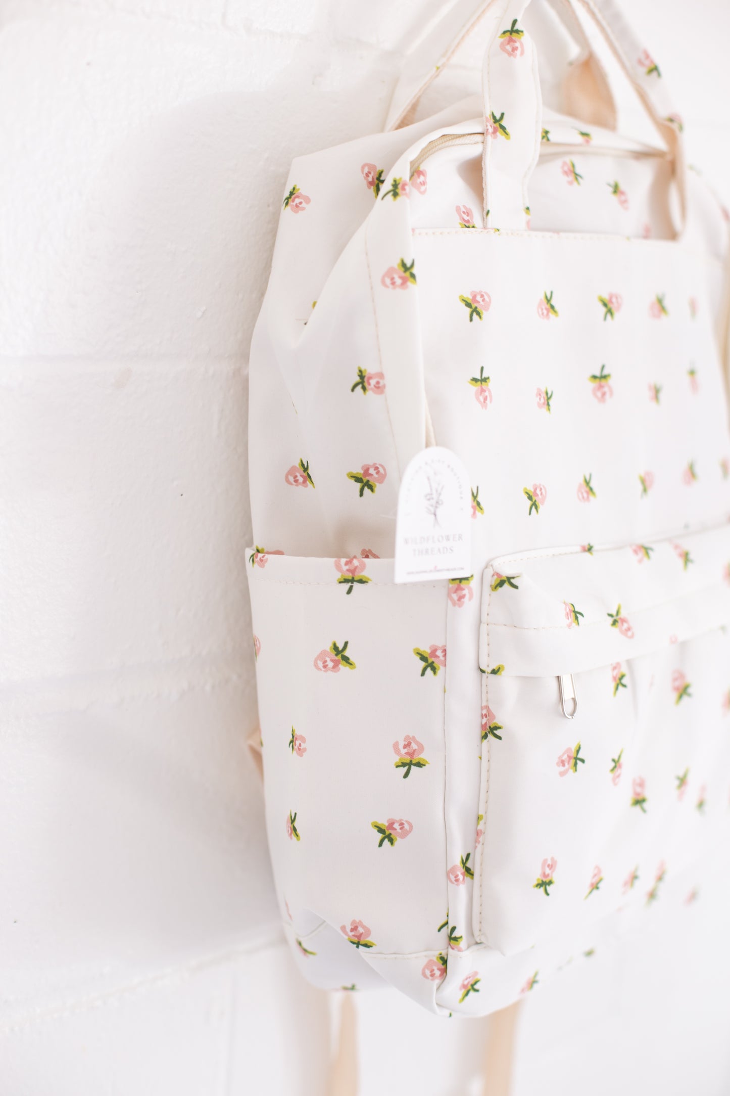 Cream Rose Print Canvas Backpack