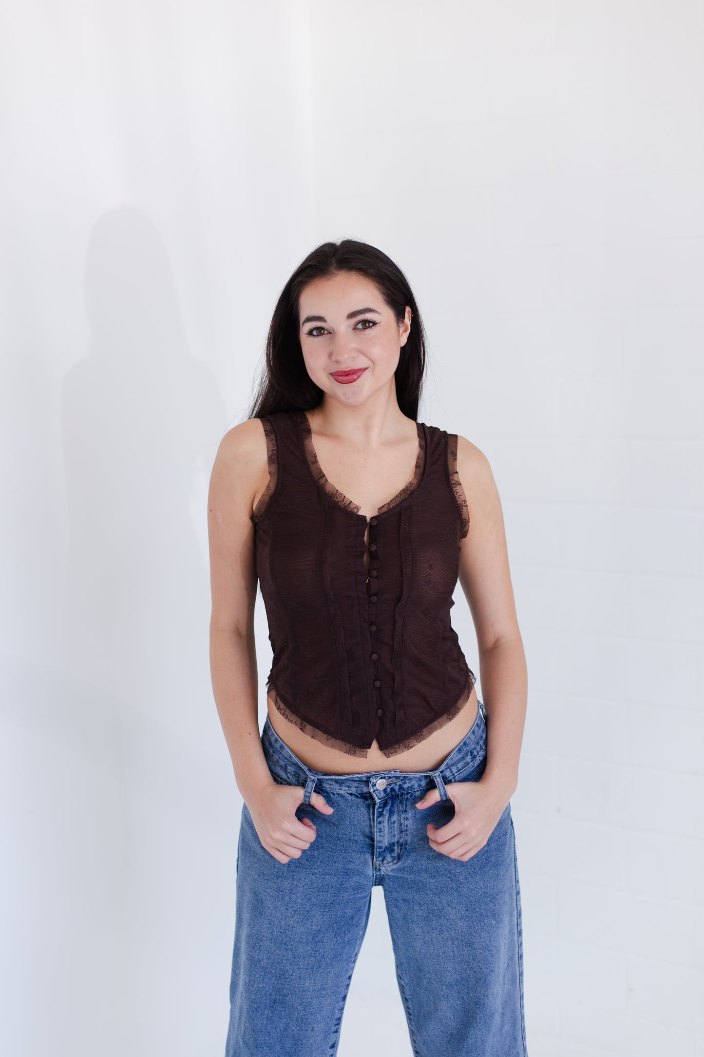 Chocolate Mesh Lace Button Down Sleeveless Top