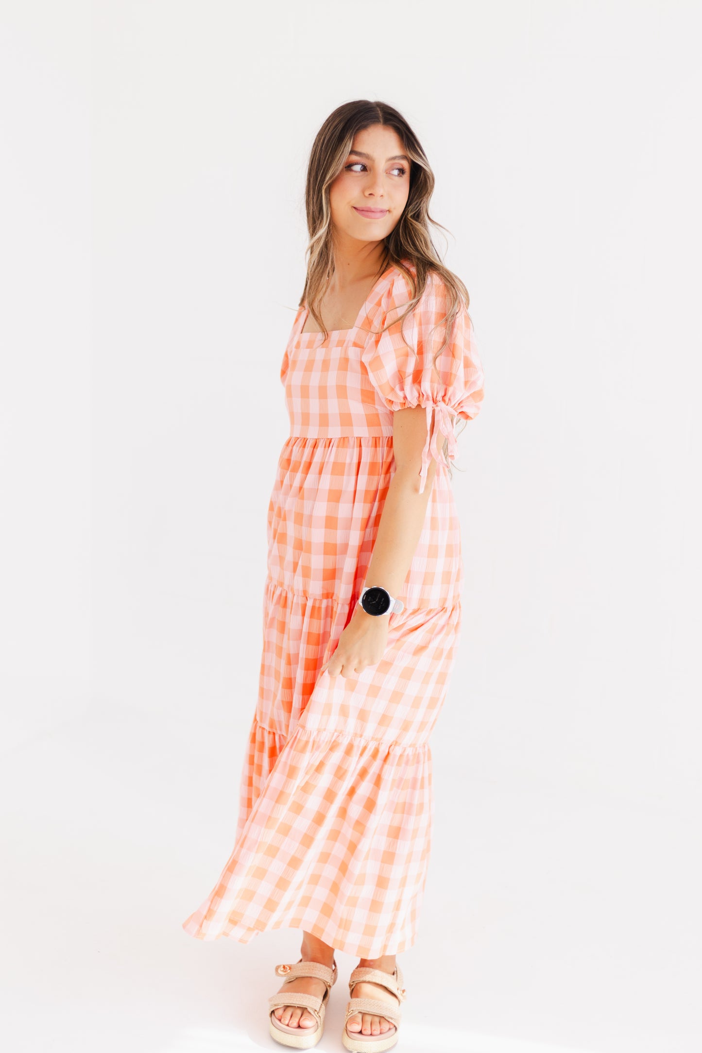 Salmon Check Patterned Puff Sleeve Maxi Dress