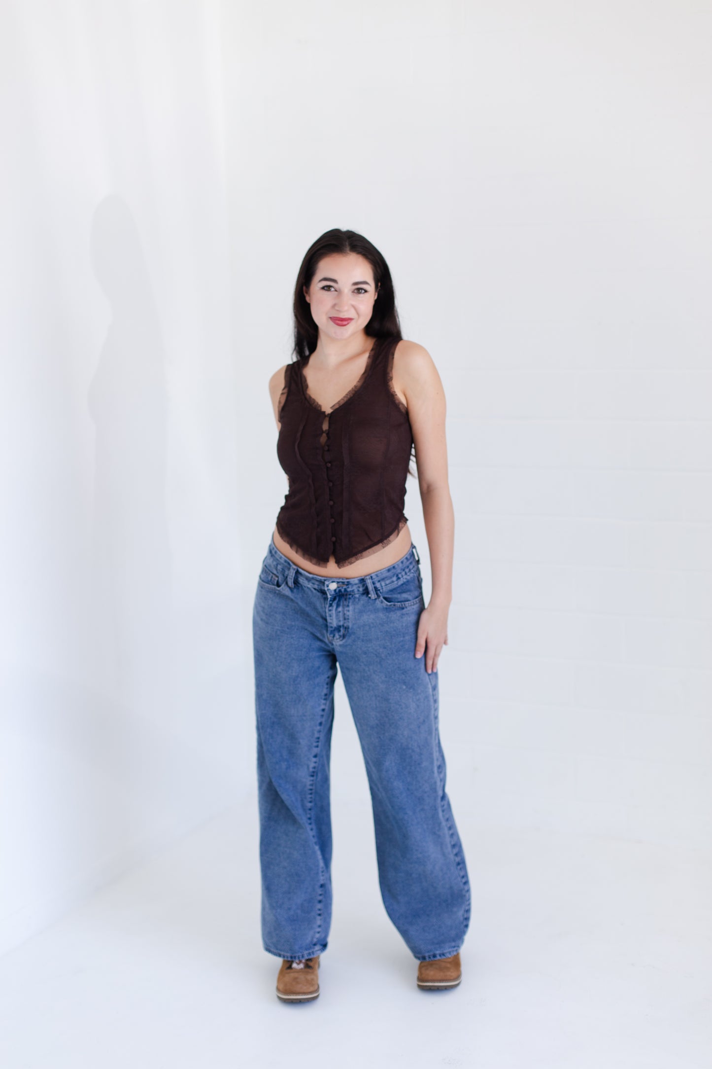 Chocolate Mesh Lace Button Down Sleeveless Top
