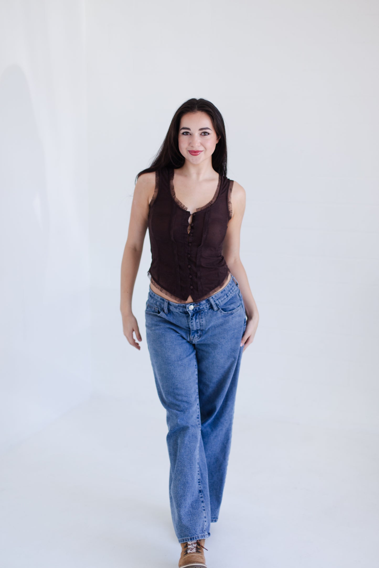 Chocolate Mesh Lace Button Down Sleeveless Top