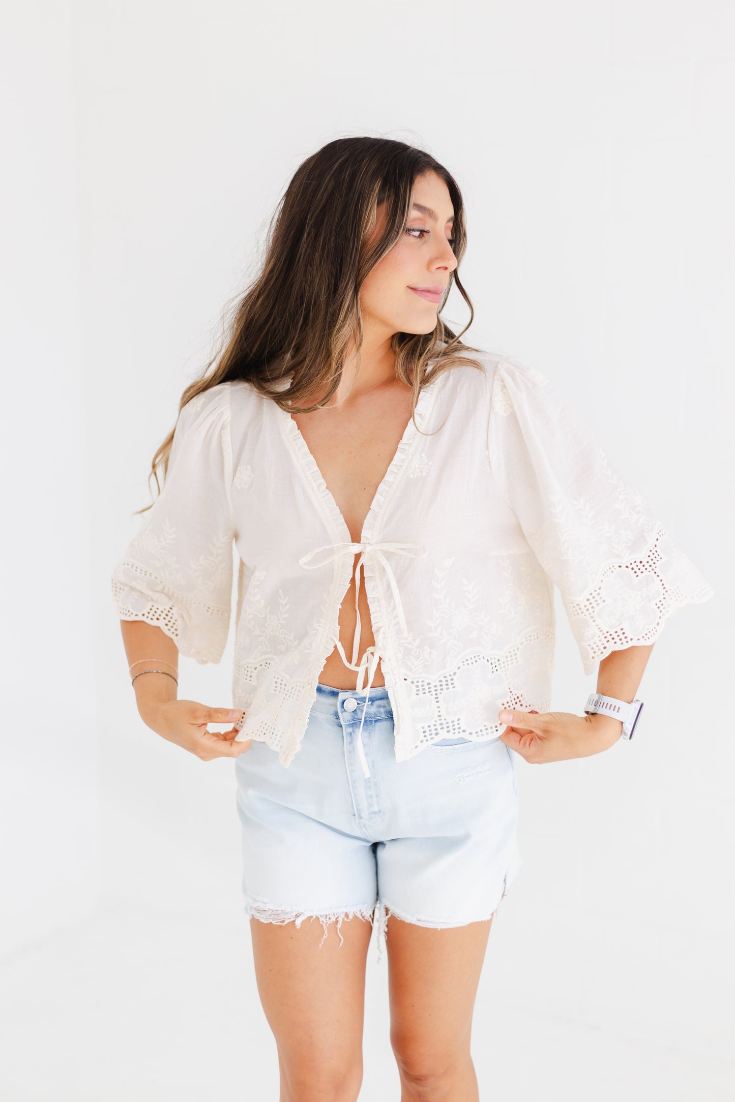 Light Denim Comfort Stretch Distressed Hem Denim Shorts