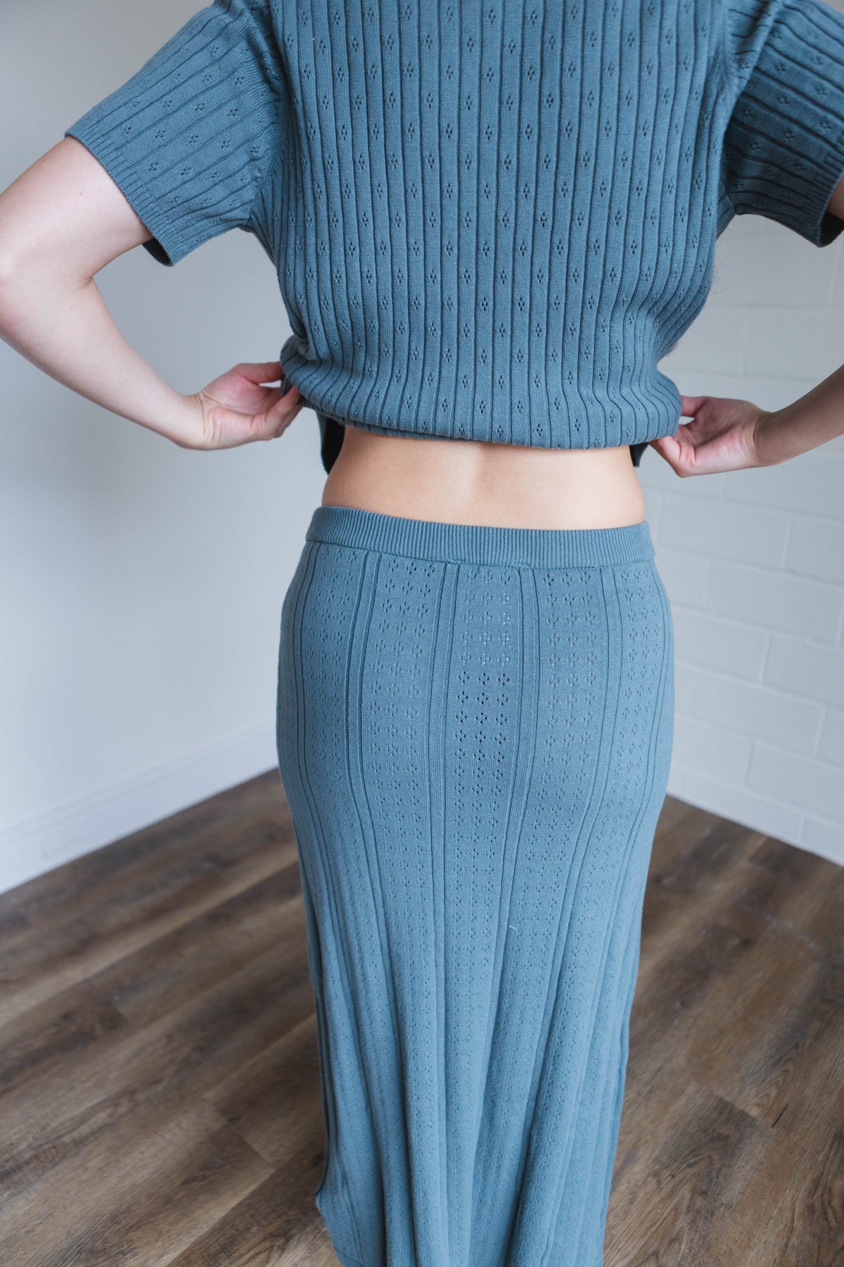 Teal Ribbed Button Top Midi Skirt Set