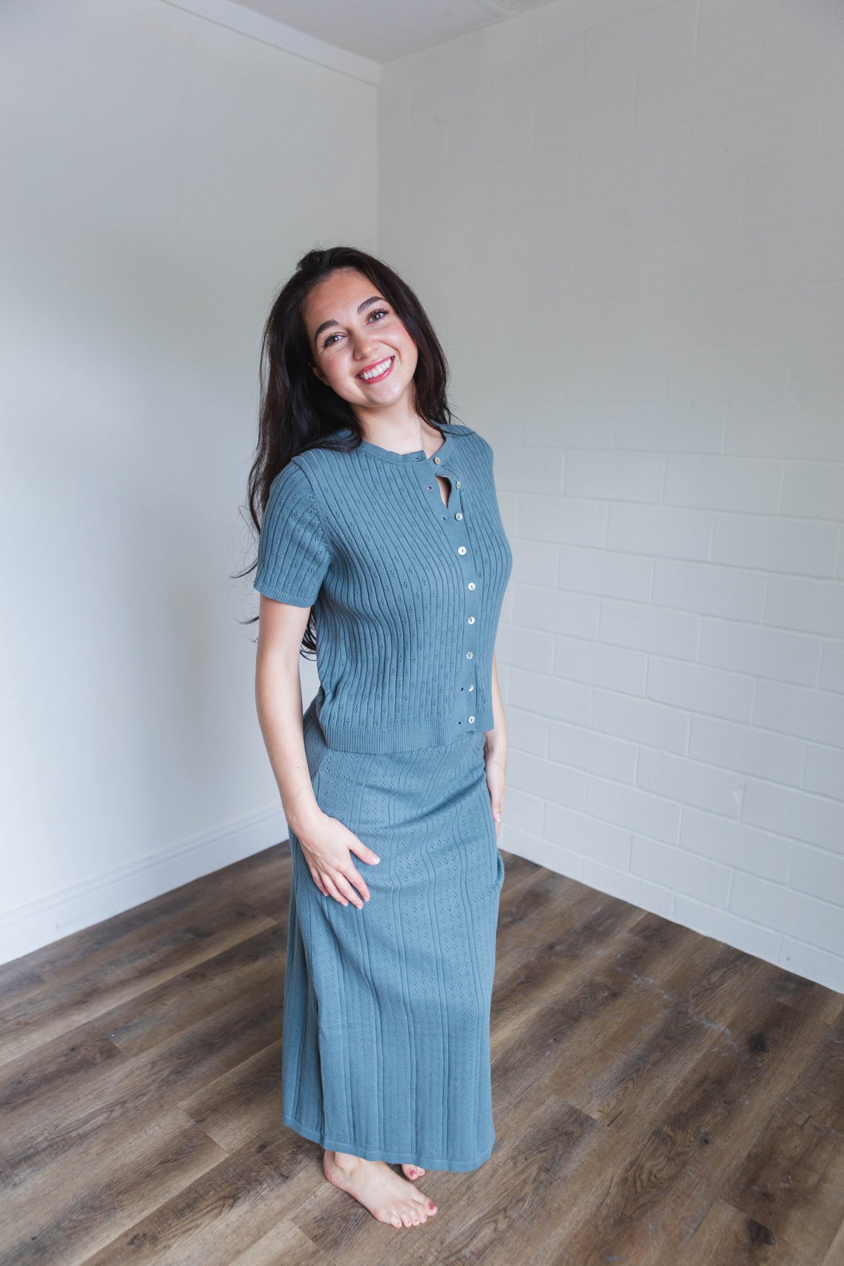 Teal Ribbed Button Top Midi Skirt Set