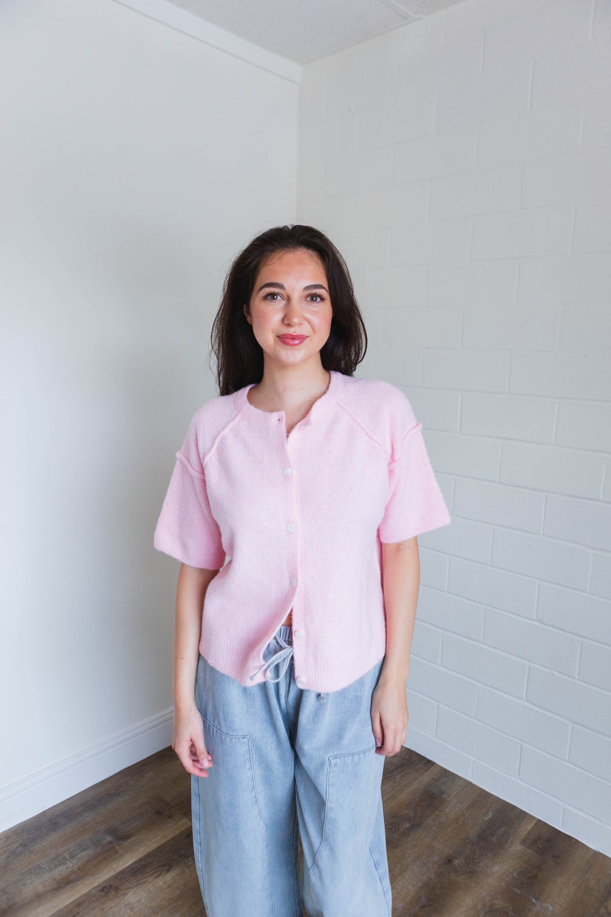 Pink Short Sleeve Sweater Cardigan