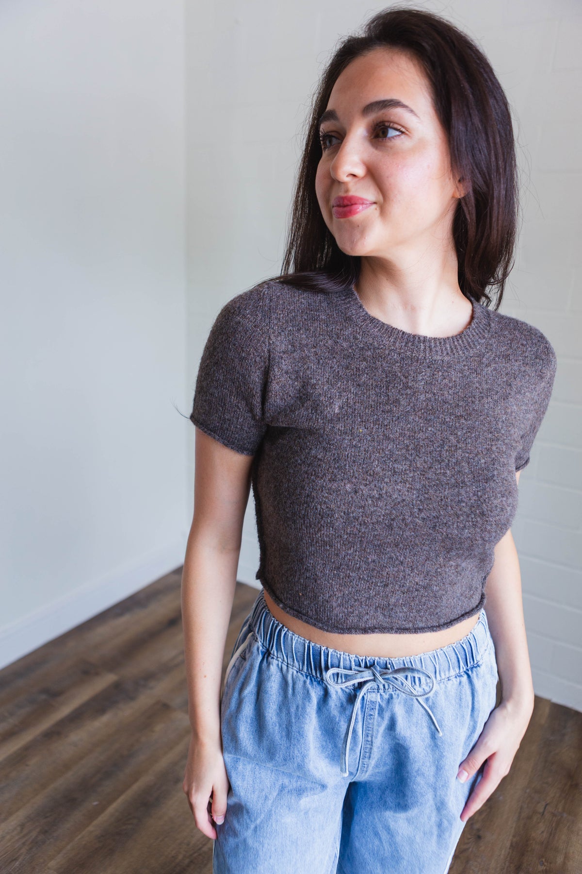 Brown Sweater Short Sleeve Crop Top