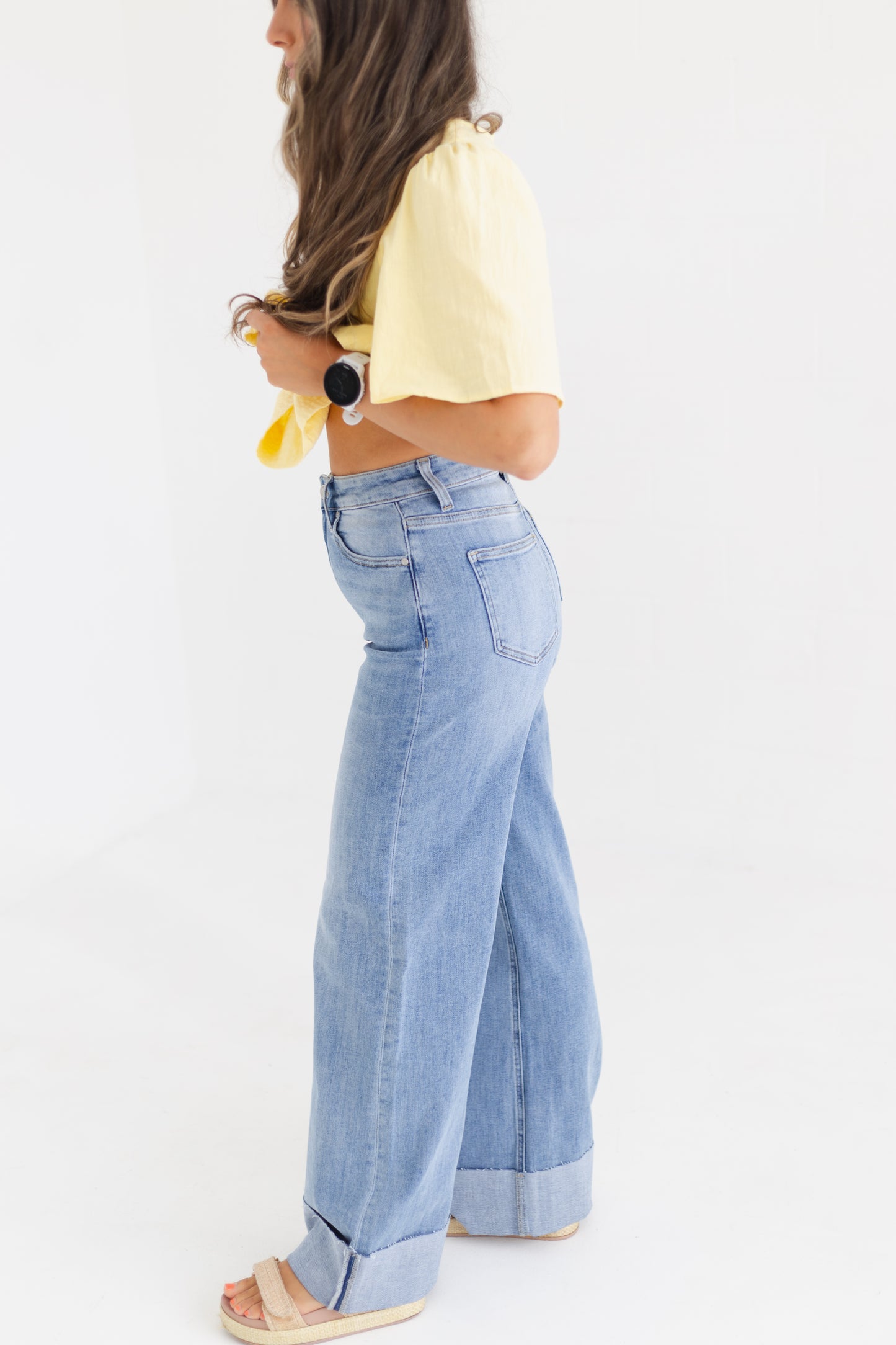 Medium Indigo 90s Stretch Cuffed Hem High Rise Straight Jeans