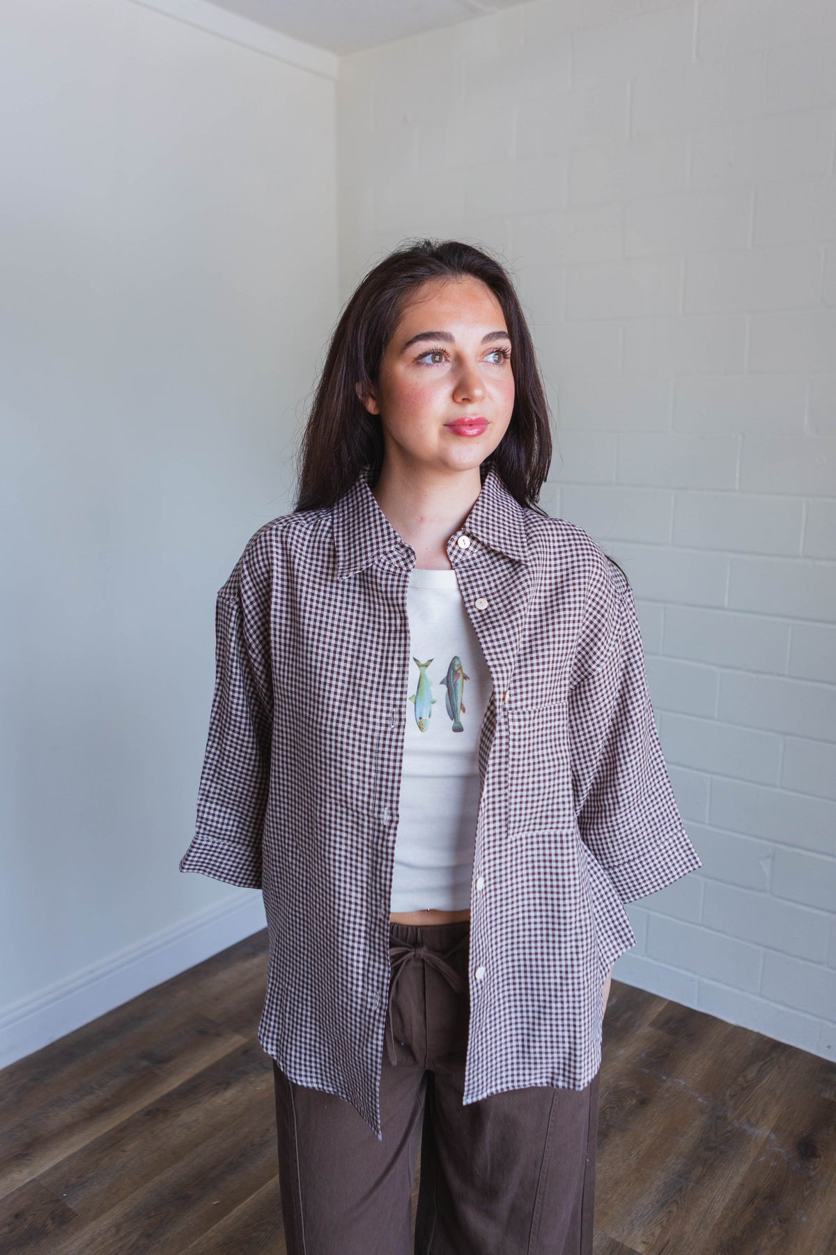 Brown Gingham Button Up Top