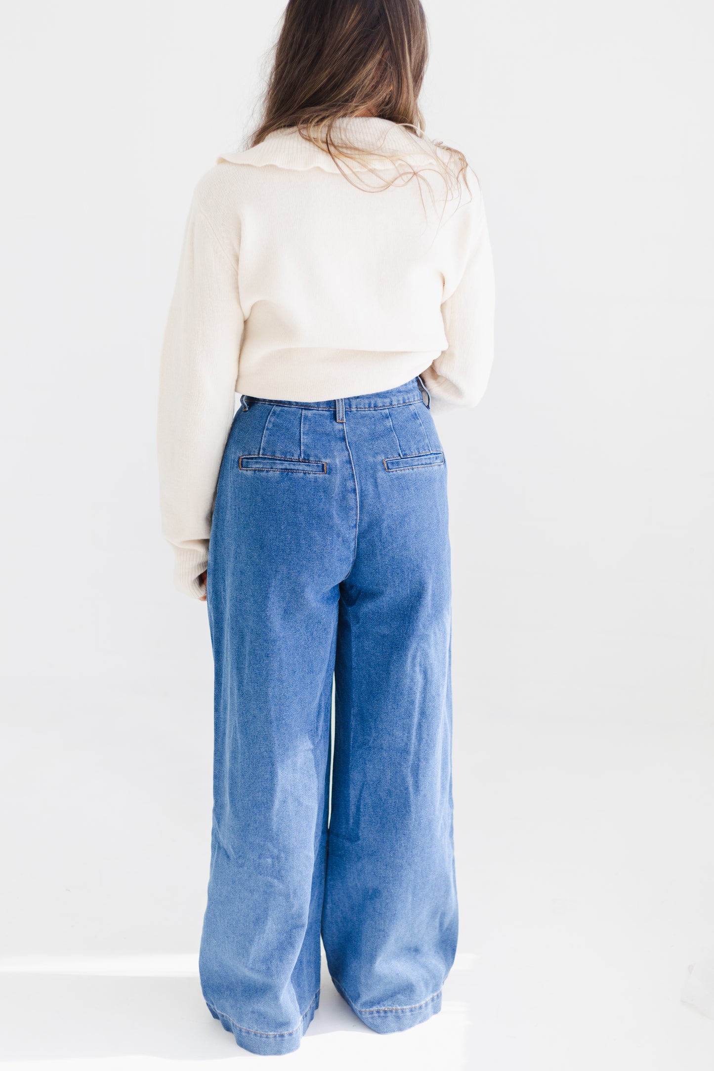 Medium Denim Pleated Wide Leg Denim Trousers