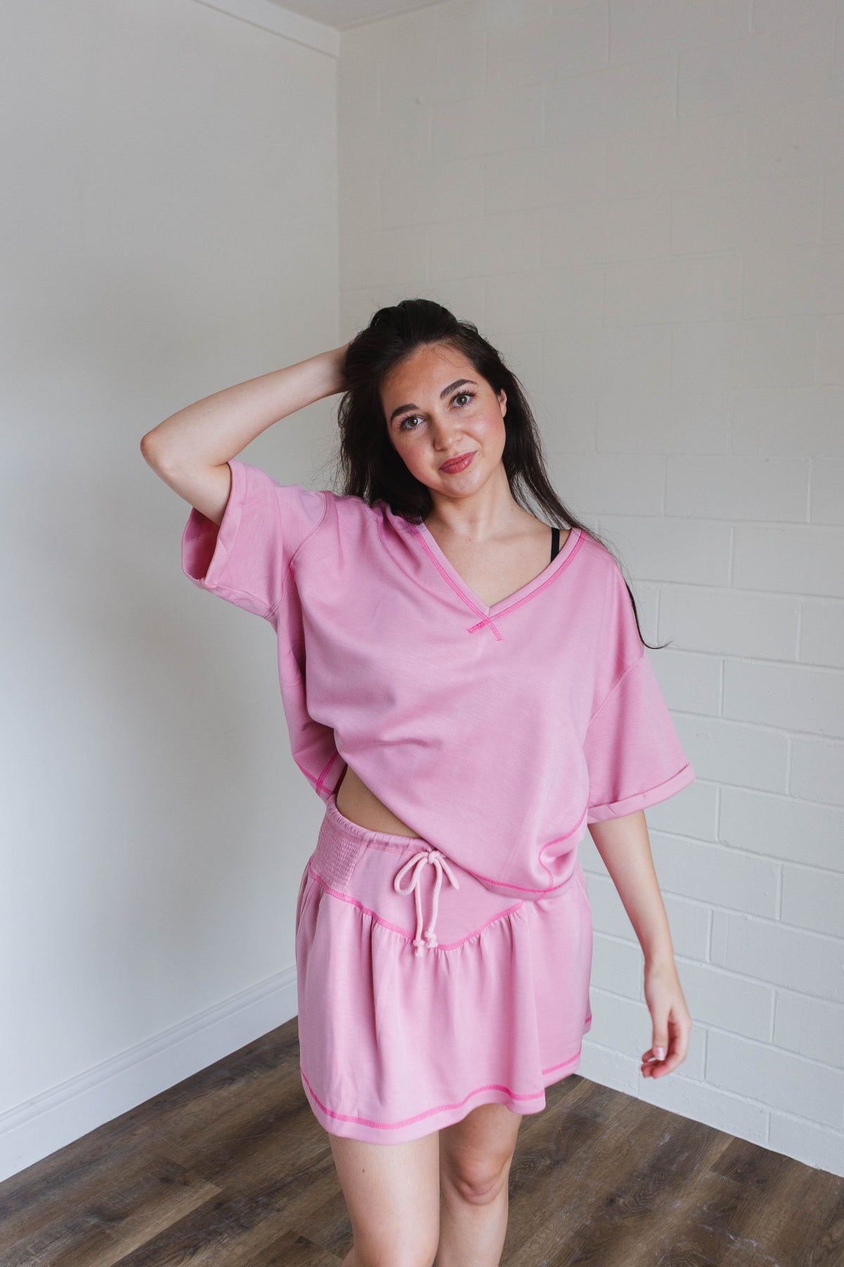 Soft Knit V-Neck Short Sleeve Set in Light Pink
