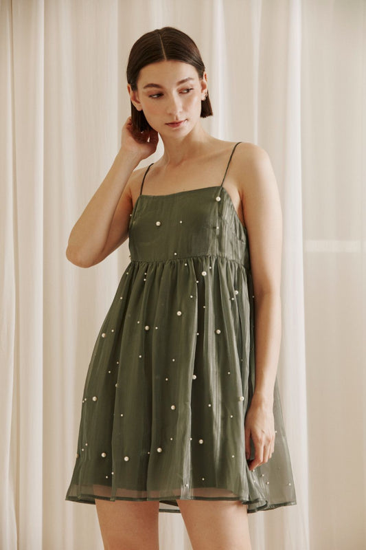 Olive Mini Dress with Pearl Details