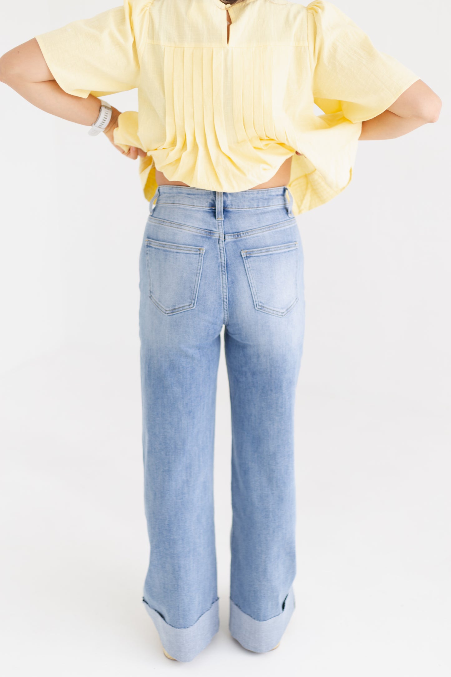 Medium Indigo 90s Stretch Cuffed Hem High Rise Straight Jeans