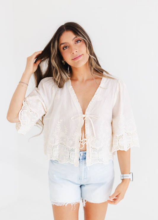 Ivory Floral Embroidery Tie Front Blouse