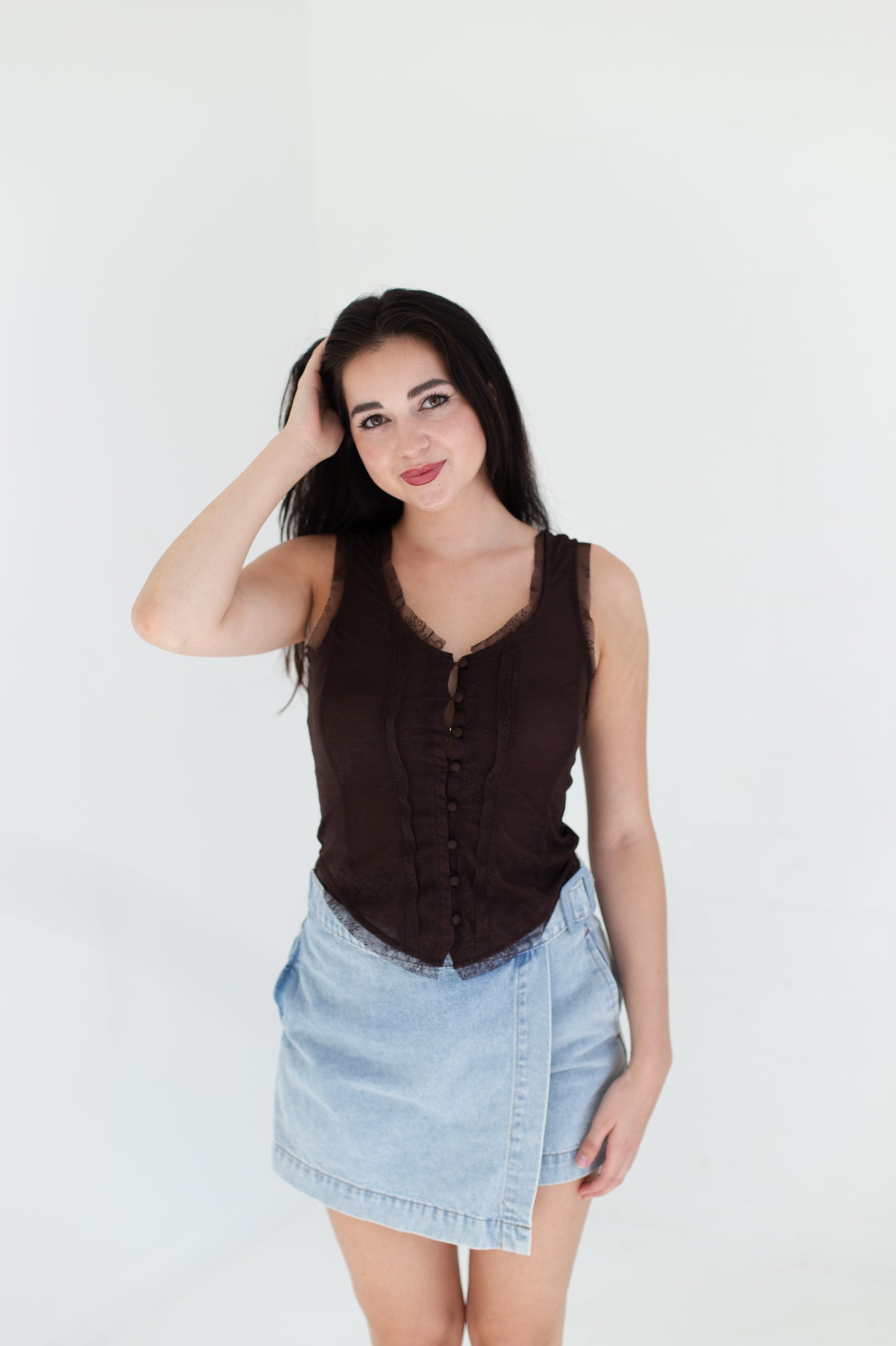 Chocolate Mesh Lace Button Down Sleeveless Top