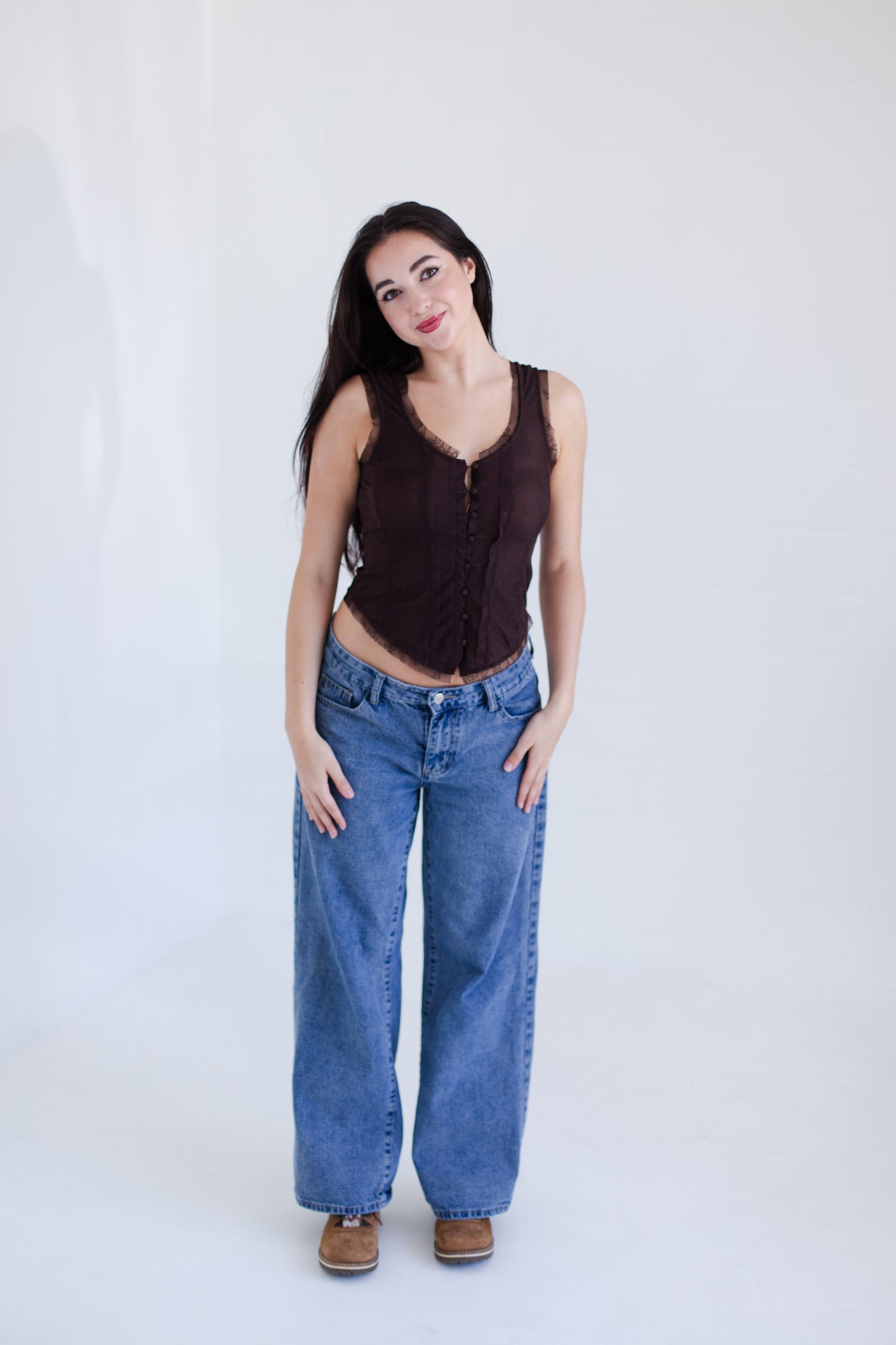Chocolate Mesh Lace Button Down Sleeveless Top