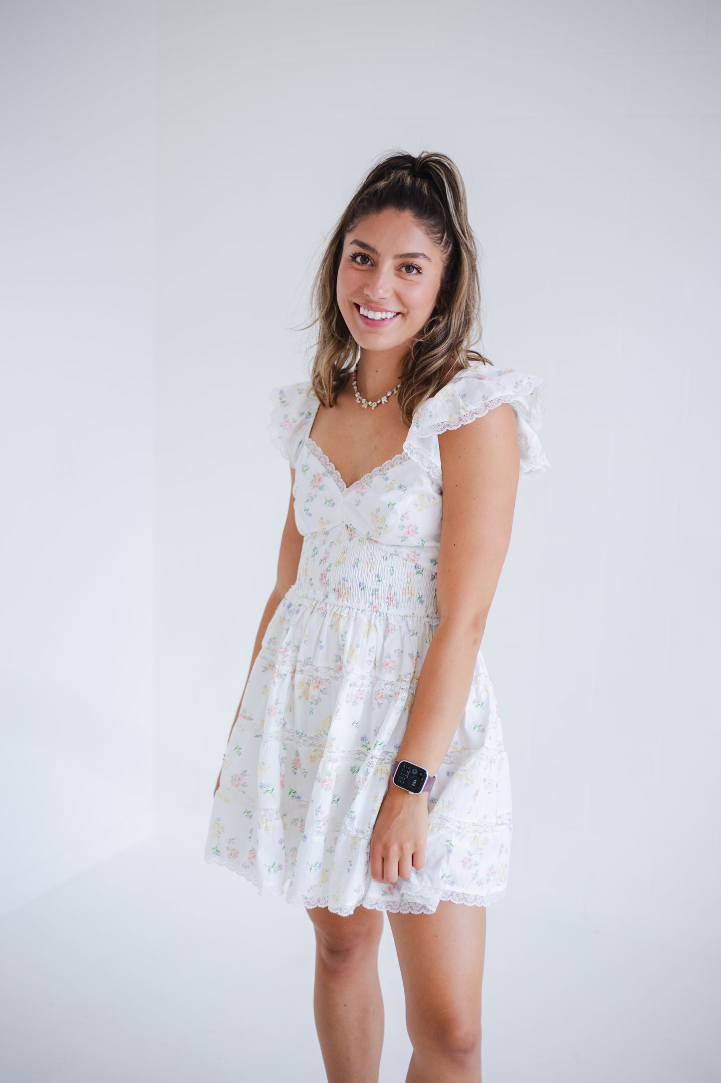 Peach Multi Floral Print Smocked Tiered Mini Dress