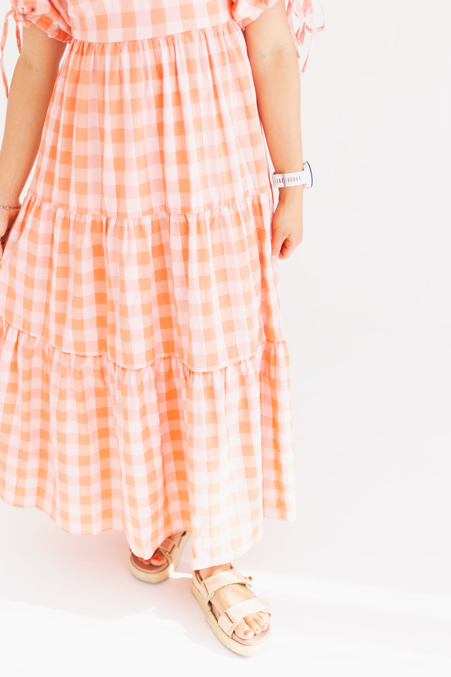Salmon Check Patterned Puff Sleeve Maxi Dress