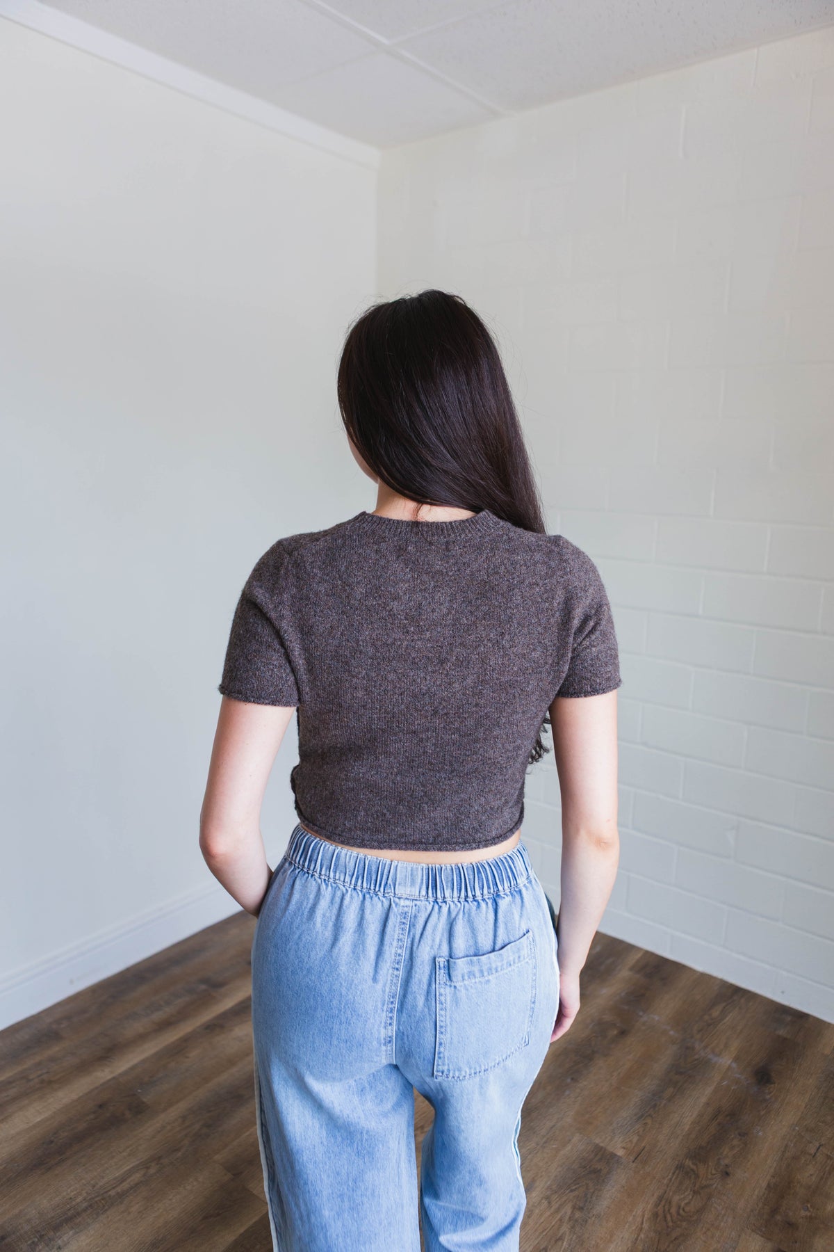 Brown Sweater Short Sleeve Crop Top