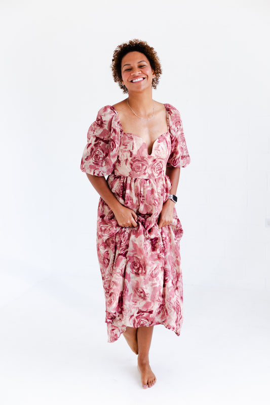 Beige Mauve Floral Textured Jacquared Midi Dress