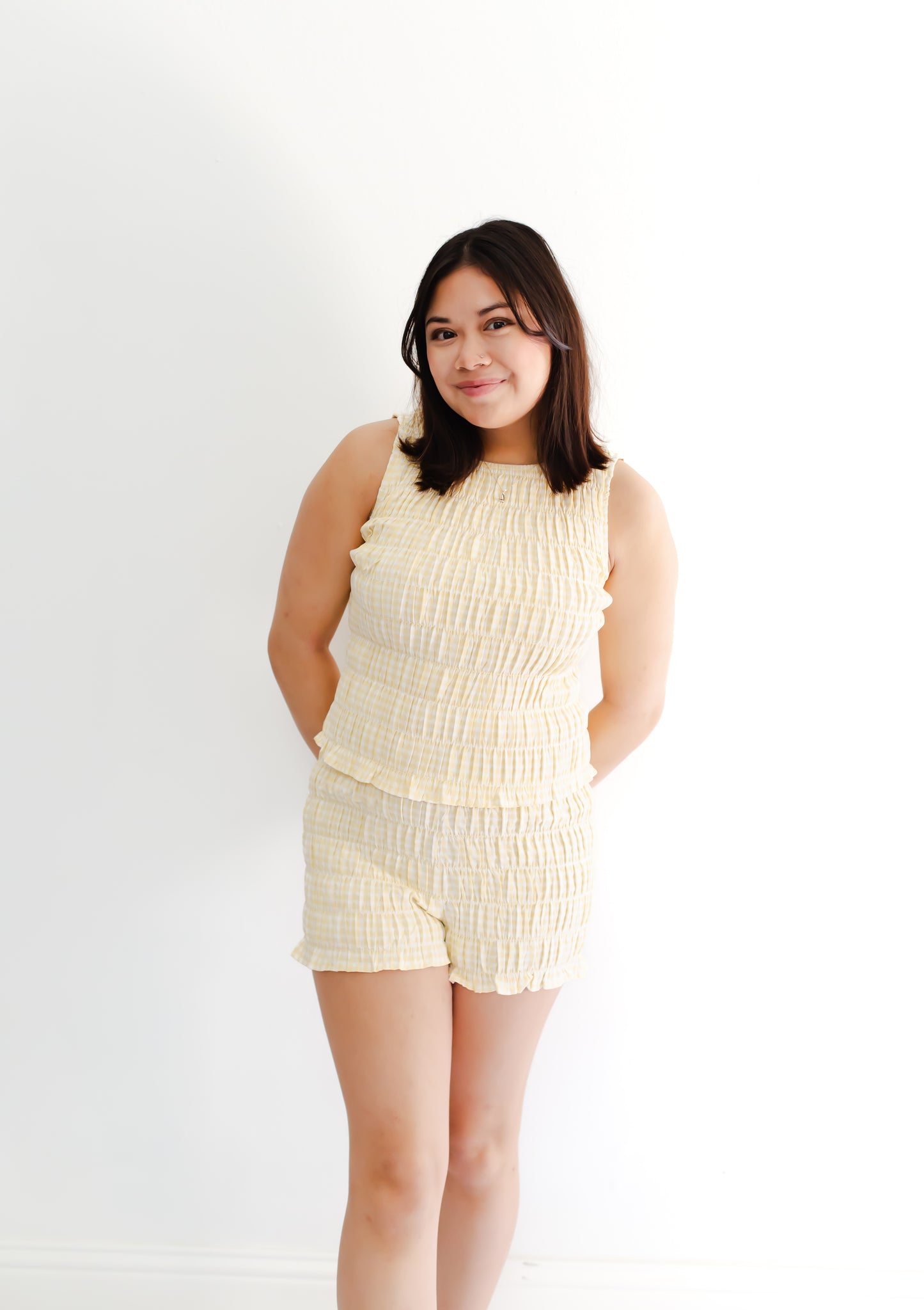 Light Yellow Round Neck Shirring Gingham Top