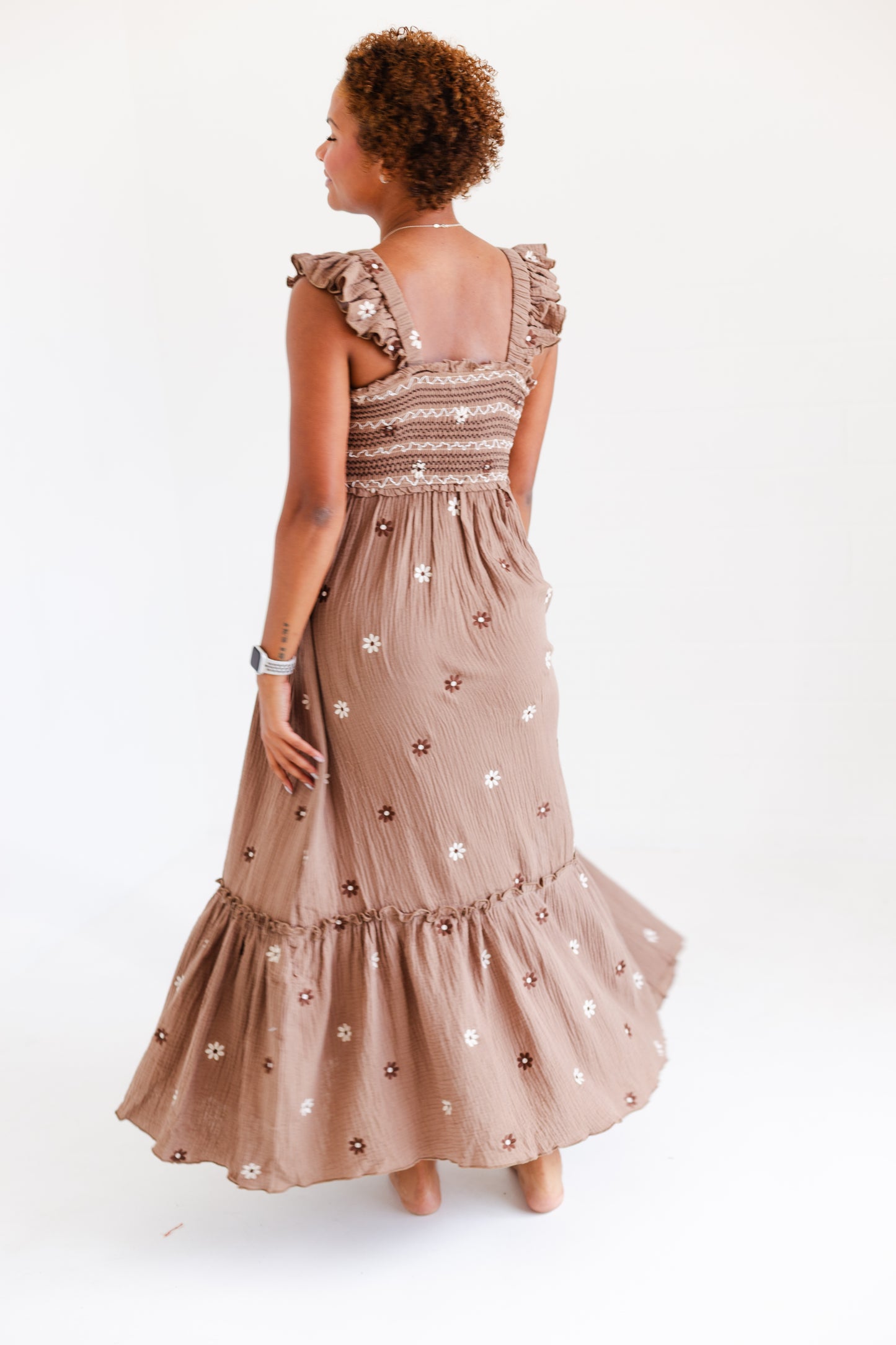 Brown Floral Embroidered Maxi Dress