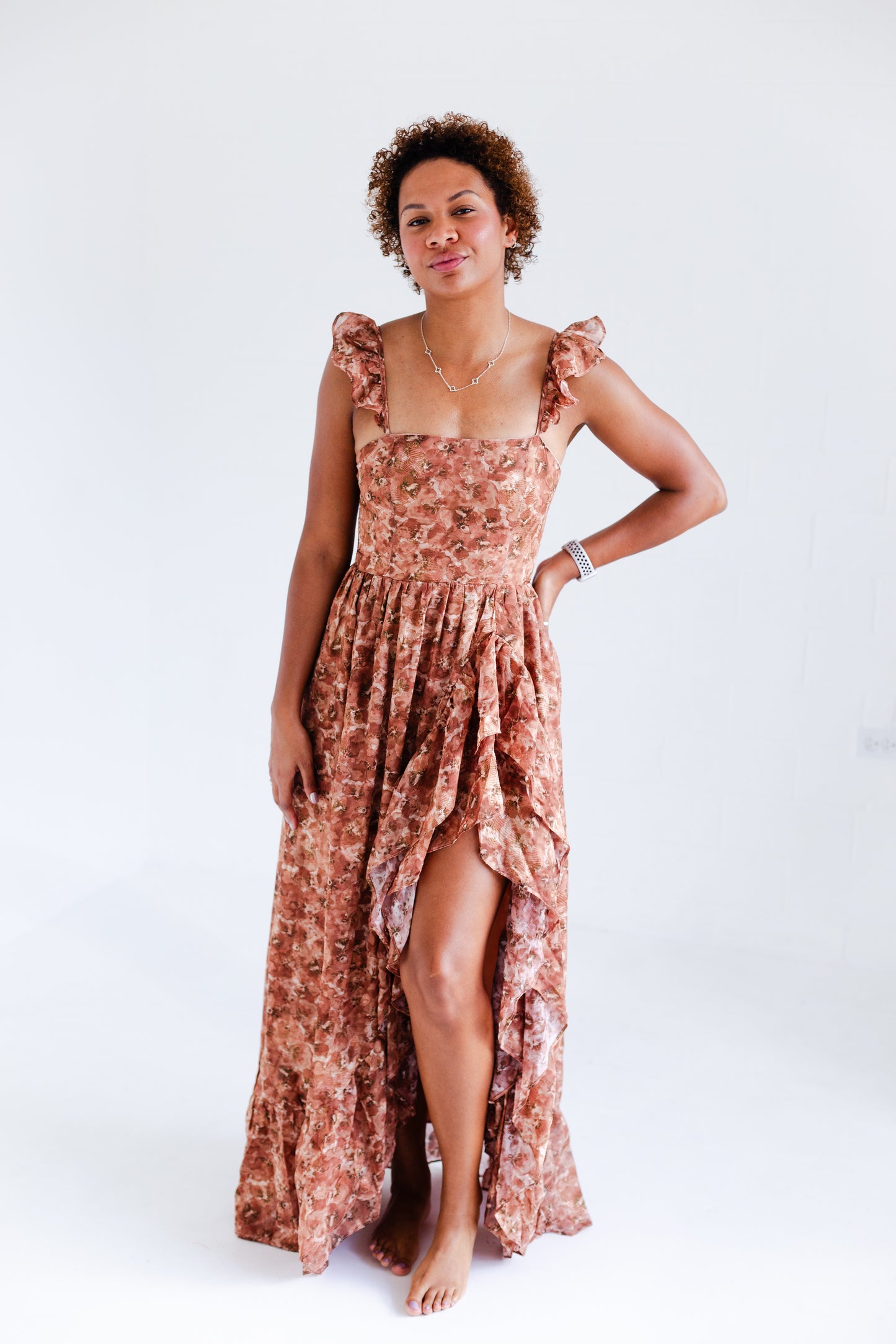 Brown Romantic Floral Print Maxi Dress