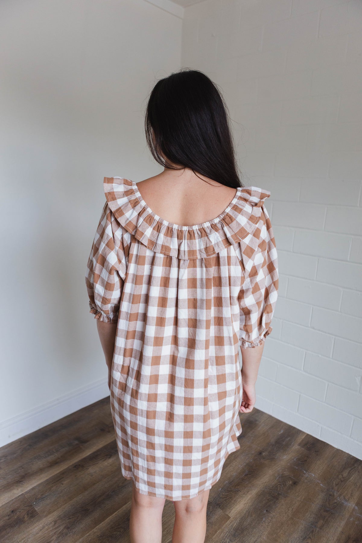 Mocha & White Gingham Ruffled Mini Dress
