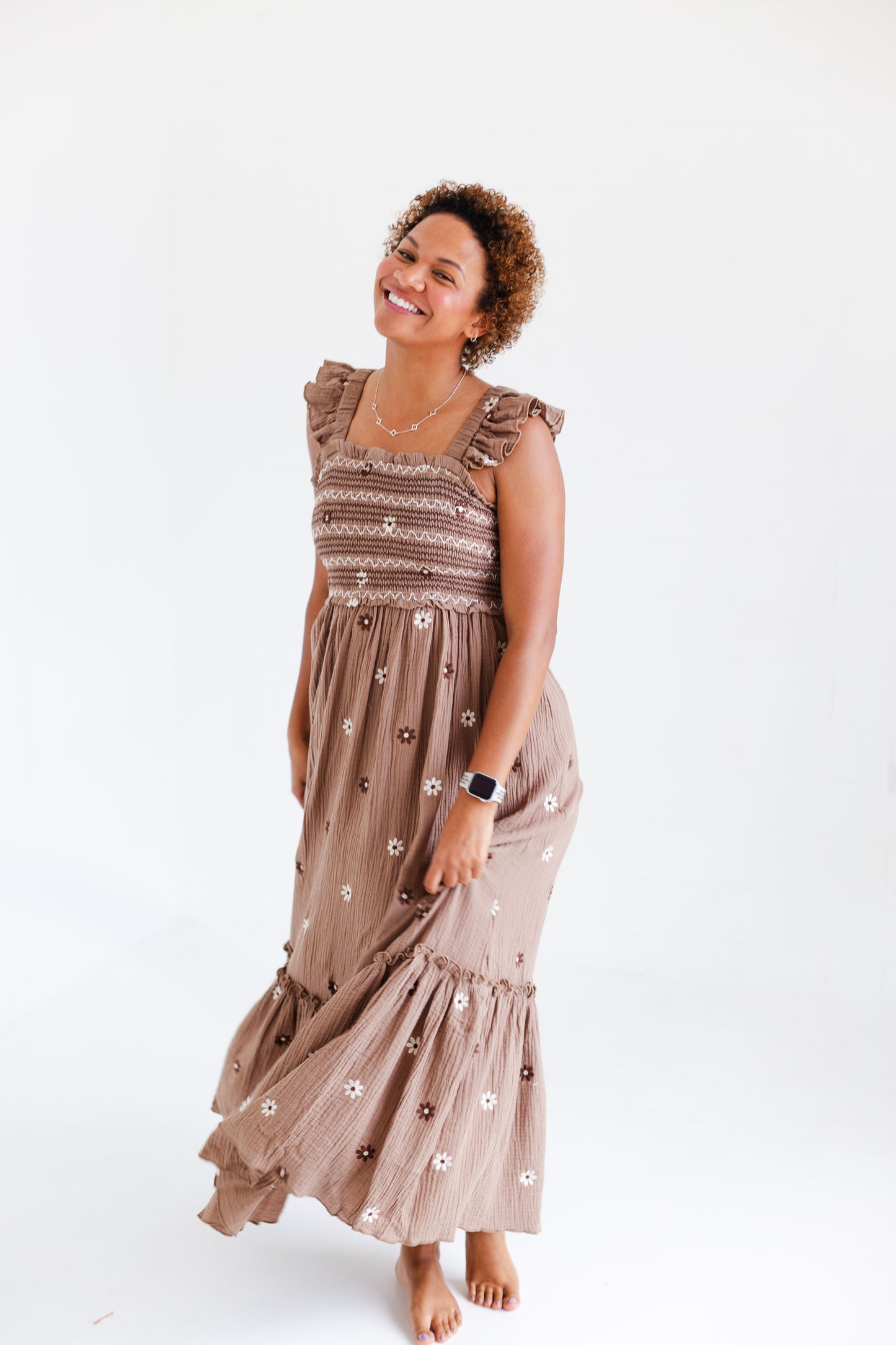Brown Floral Embroidered Maxi Dress