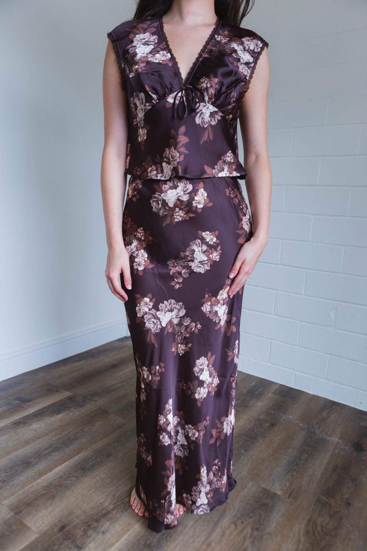 Brown & Cream Floral Satin Maxi Skirt
