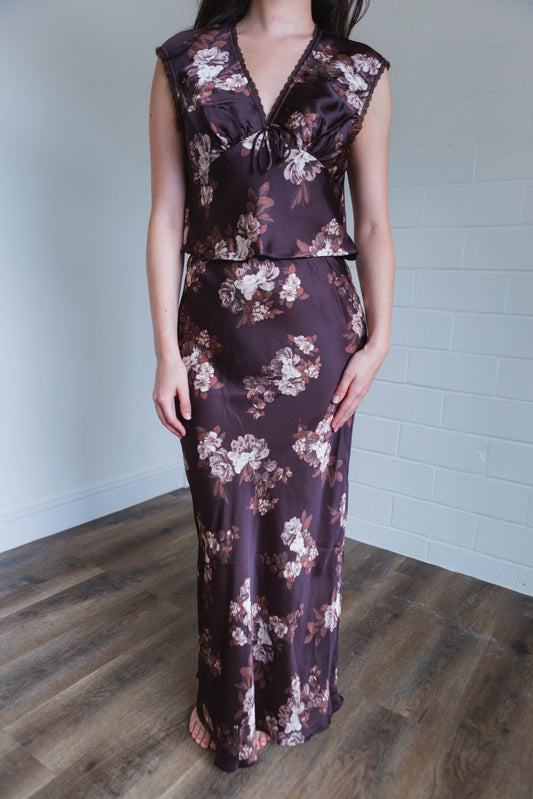 Brown & Cream Floral Satin Maxi Skirt