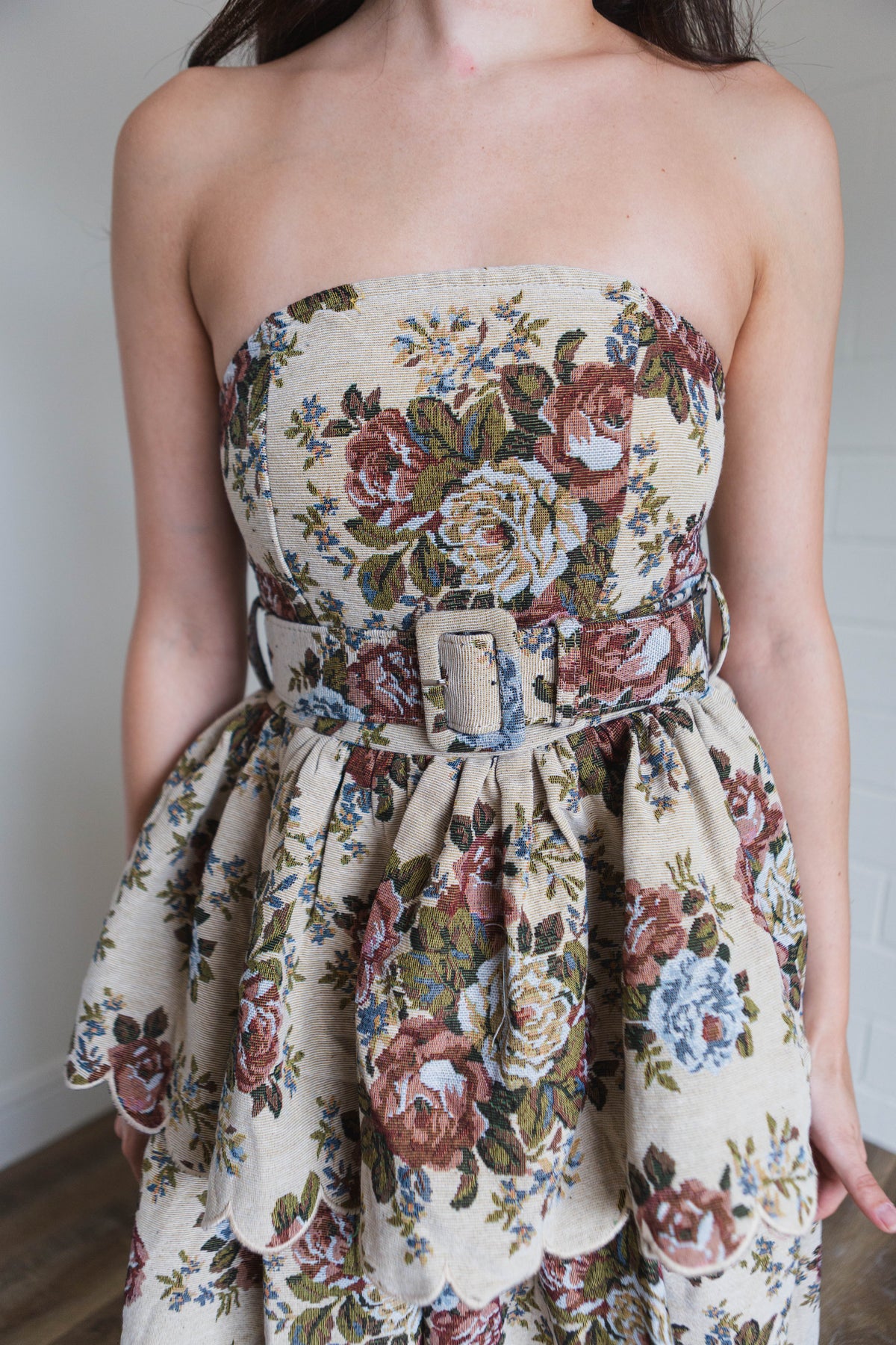 Vintage Floral Jacquard Scallop Hem Strapless Midi Dress