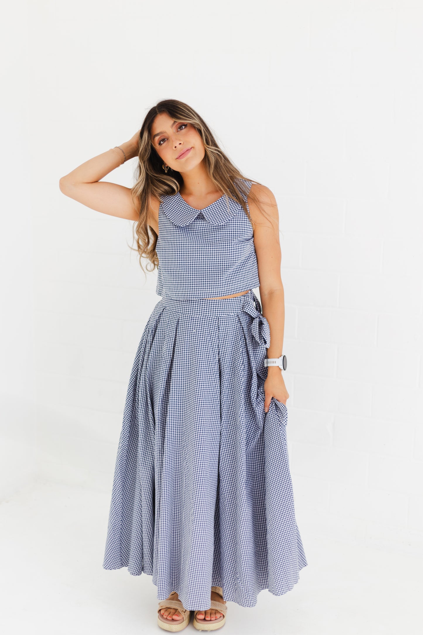 Navy Sleeveless Collar Top & Skirt Set