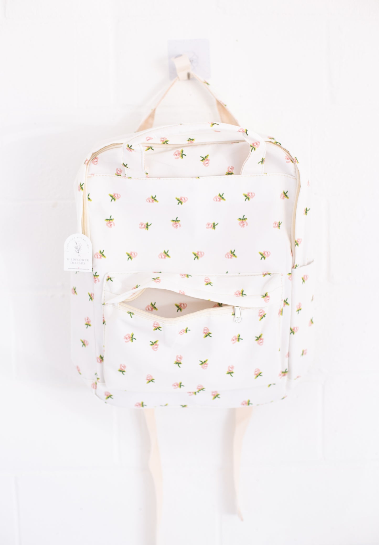 Cream Rose Print Canvas Backpack