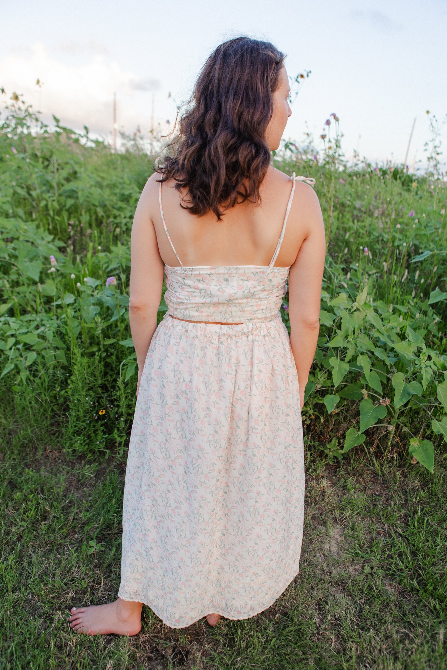 Peach Multi Floral Midi Skirt Set