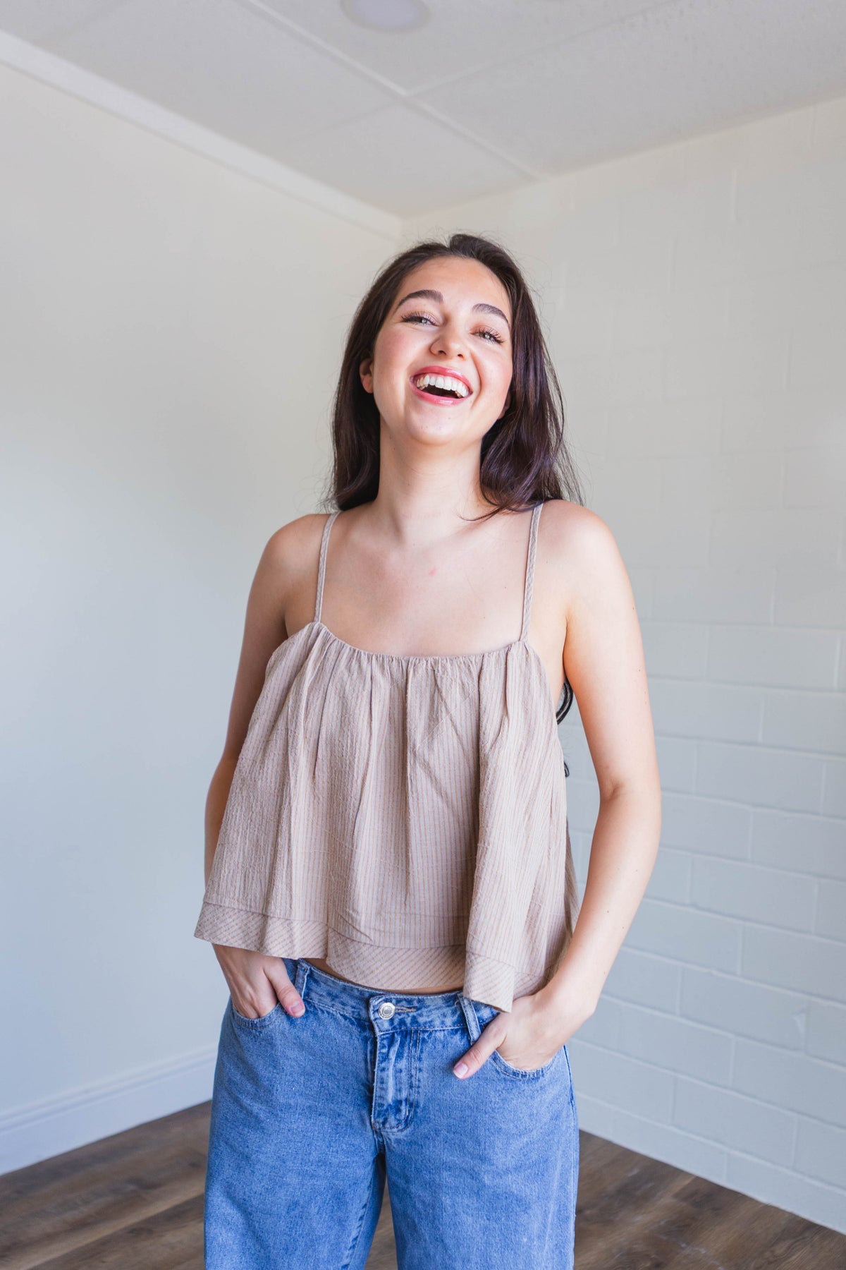Stone Striped Pattern Spaghetti Strap Crop Top