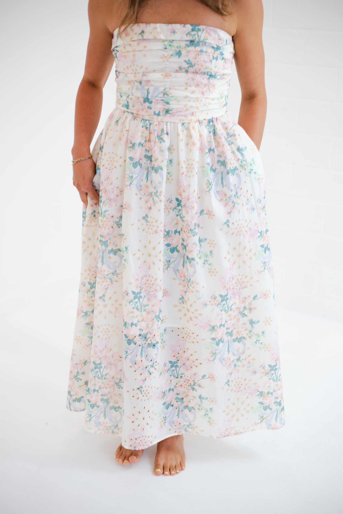 Spring Bloom Floral Lace Runched Maxi Tube Dress