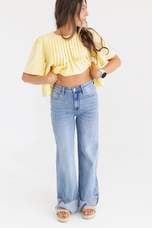Medium Indigo 90s Stretch Cuffed Hem High Rise Straight Jeans