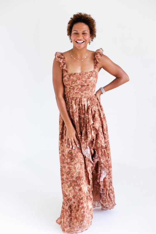 Brown Romantic Floral Print Maxi Dress