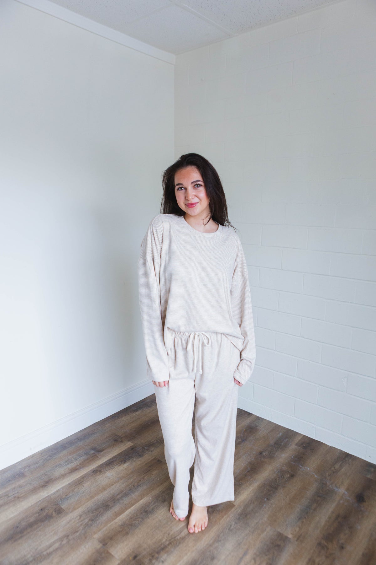 Taupe & Cream Striped Knit Top & Pants Set