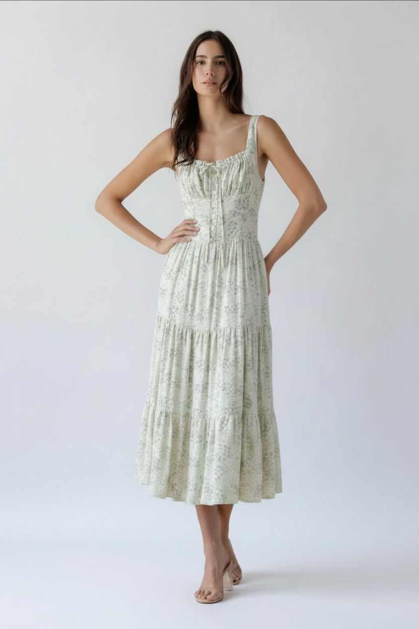 Ivory Green Floral Midi Dress