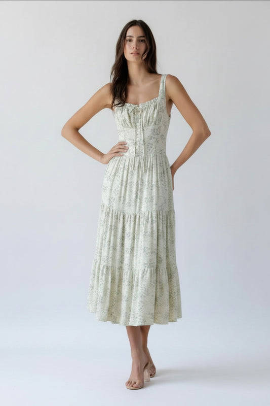 Ivory Green Floral Midi Dress