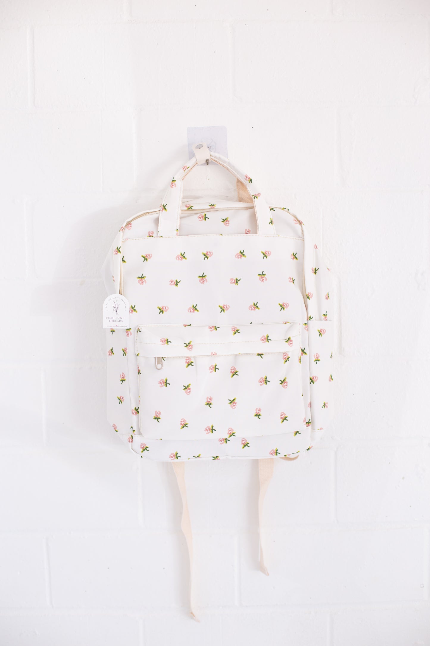 Cream Rose Print Canvas Backpack