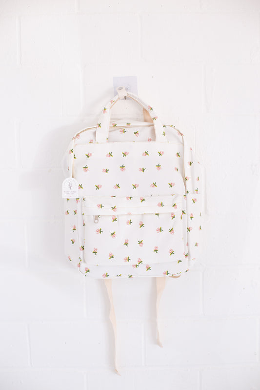 Cream Rose Print Canvas Backpack