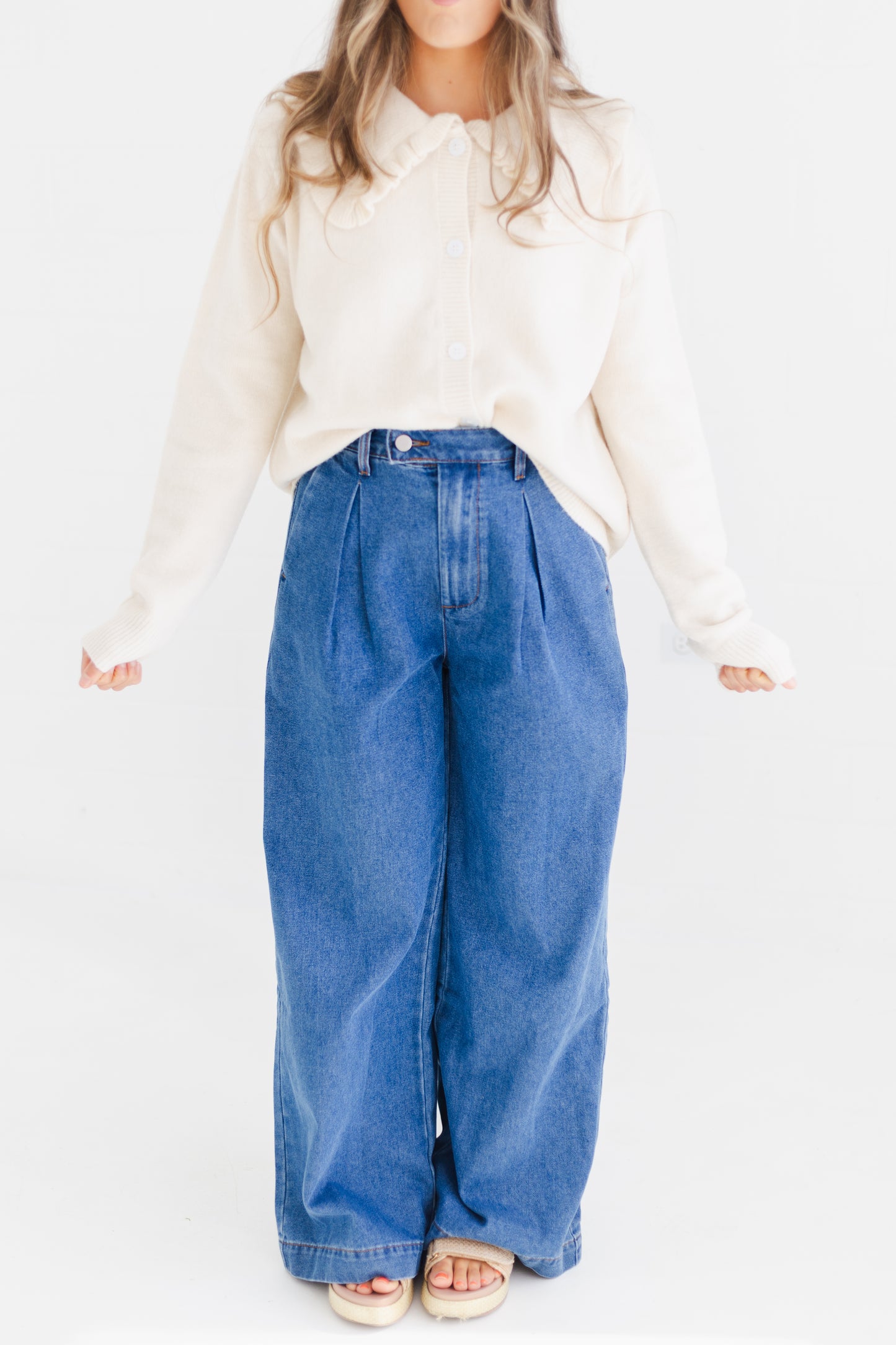 Medium Denim Pleated Wide Leg Denim Trousers