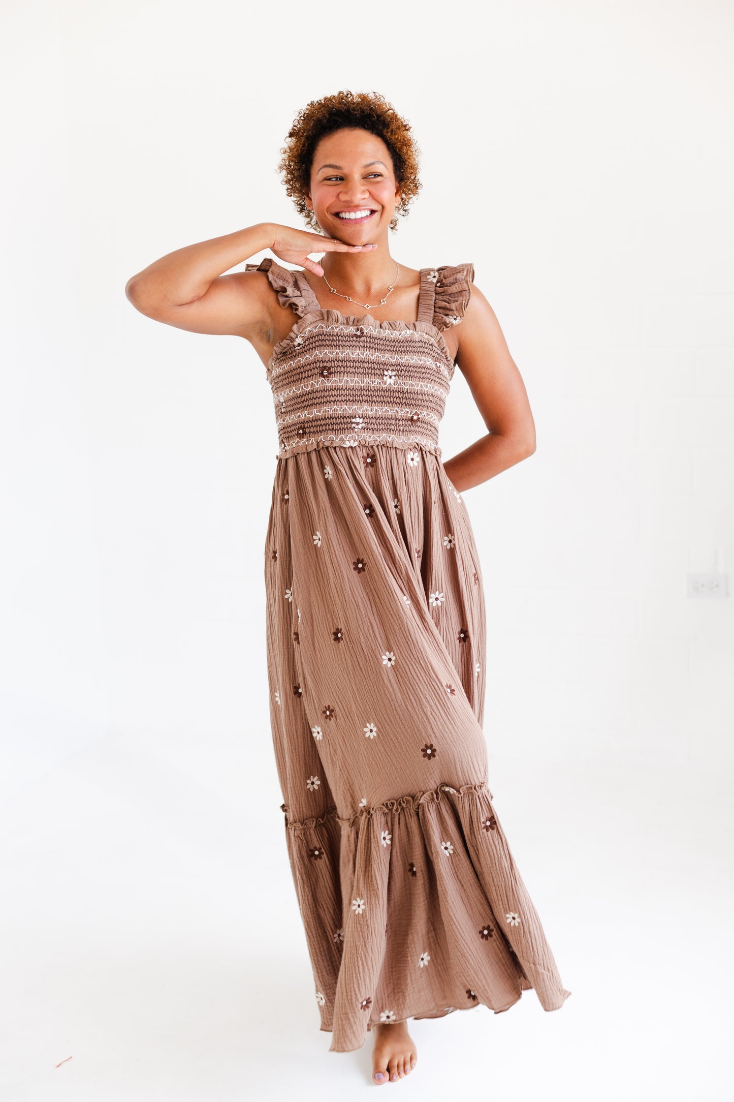Brown Floral Embroidered Maxi Dress