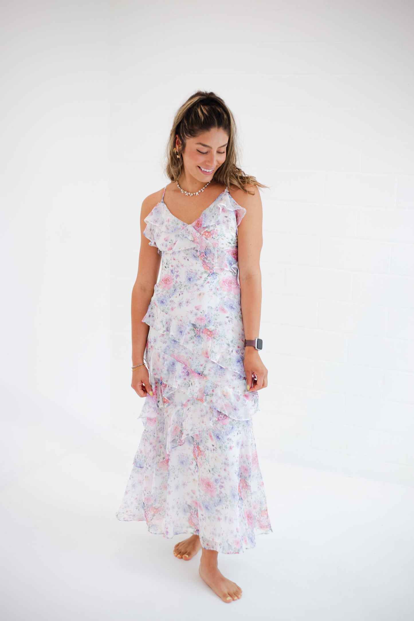 White Floral Ruffled Maxi Dress