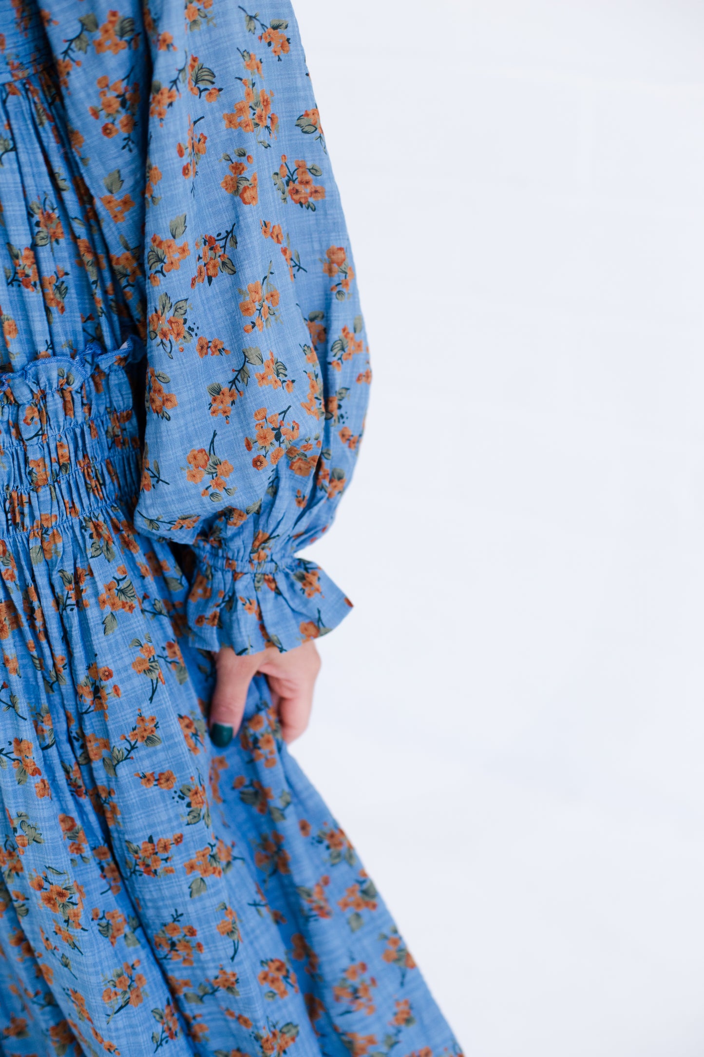 Denim Blue Floral Long Sleeve Maxi